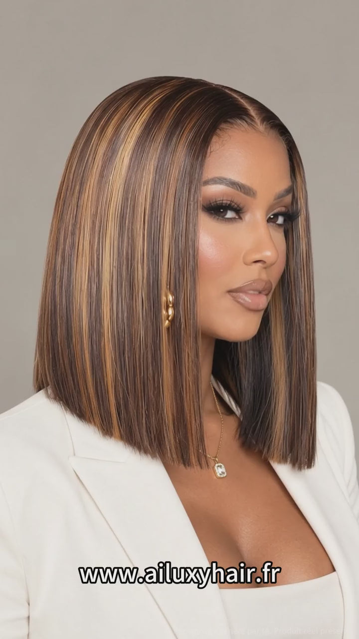 AILUXY 4x4 Lace Closure Brun Balayage Caramel Bob Perruque Lisse Courte Perruque en Couleur 4#30#4 100% Cheveux Humains