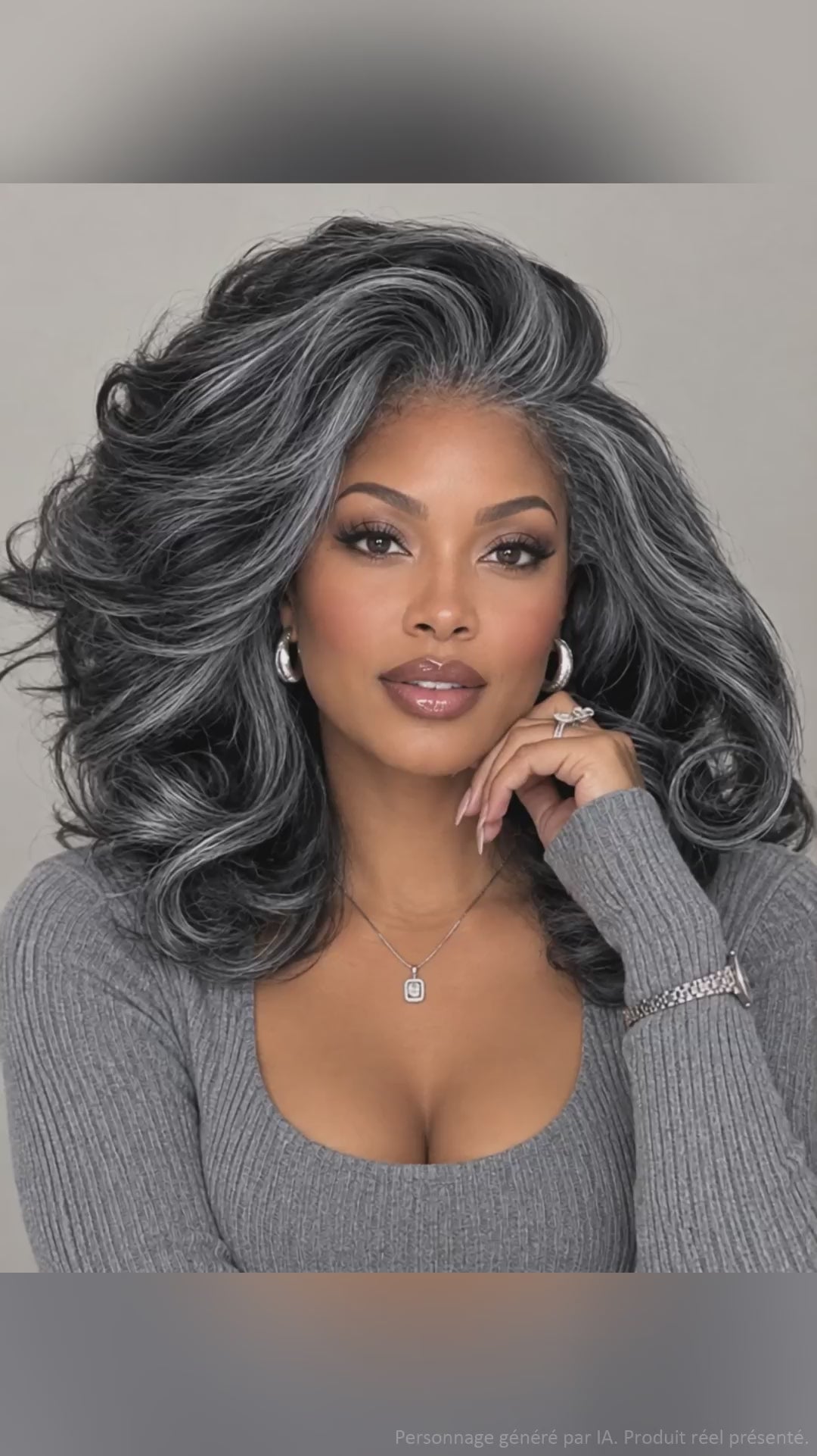 AILUXY Perruque Perruque  lace frontal personnalisée avancée poivre et sel gris‑noir Identique à l’image