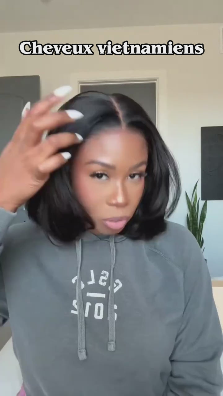 AILUXY Perruque Bob Mi-longue Noire 13X4 Lace Front Pré-définie Cheveux Humains Lissage