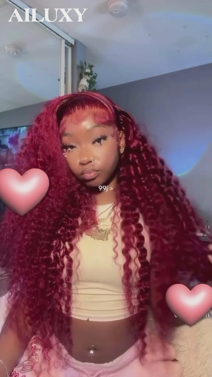 AILUXY Perruque Curly Lace Front 13x4 Frontal 99J Bourgogne Bouclée – Cheveux 100% Naturels pour un Look Glamour