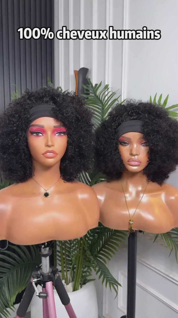 AILUXY Perruque Bandeau en Soie Glacée Sans Colle, Style Afro Boucles Crépues Volumineuses, Coiffure Tendance pour Femme