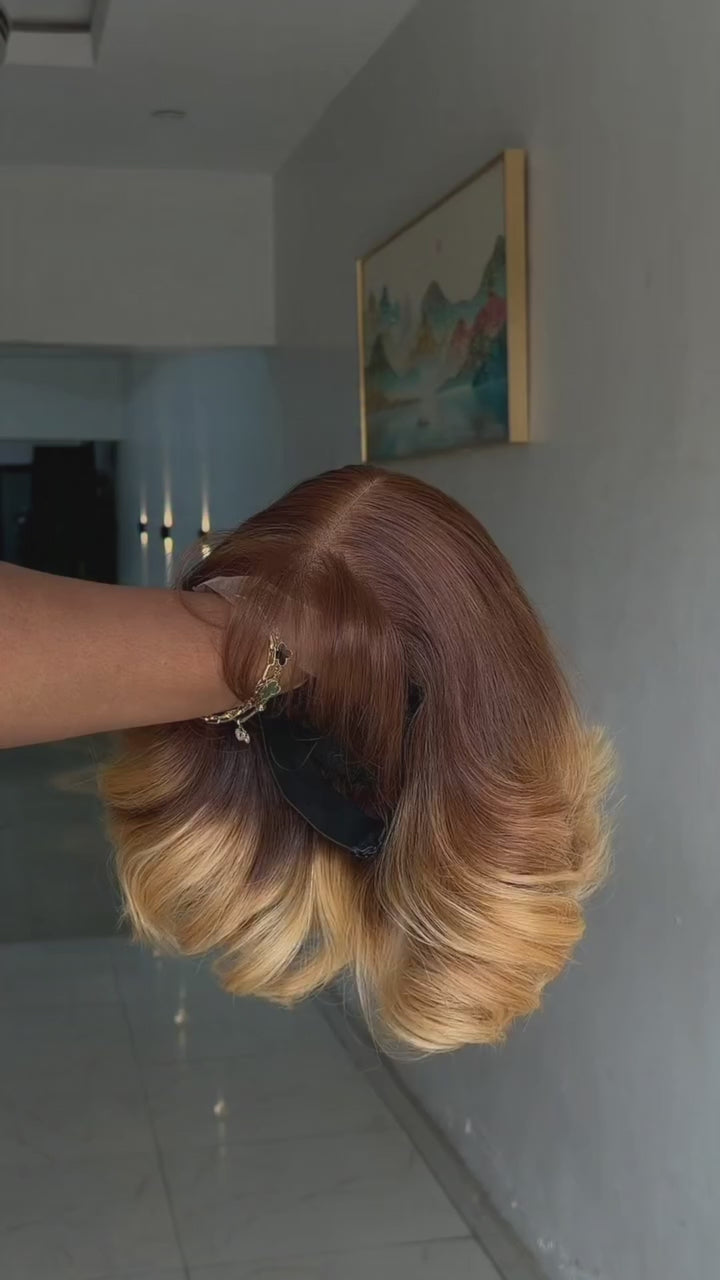 AILUXY Perruque Lace Front 13x4 Cheveux Humains Naturels, Ondulé Volumineux avec Frange, Cheveux Ombré Châtain Blond pour Femmes Noires