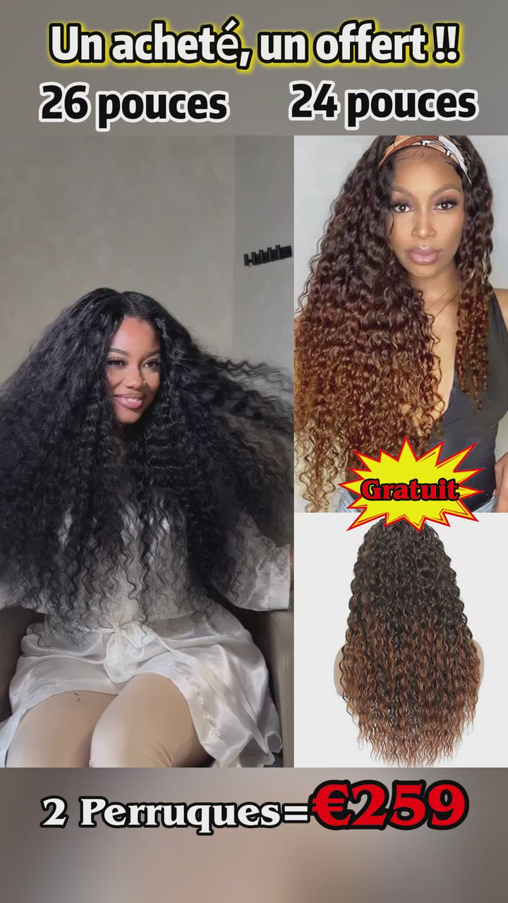 AILUXY 2 Perruques Combo = 259 € : Perruque noir curly 26 pouces+ Perruque bandeau 1BT33# Curly 24 pouces blended Cadeau-Identique à la photo