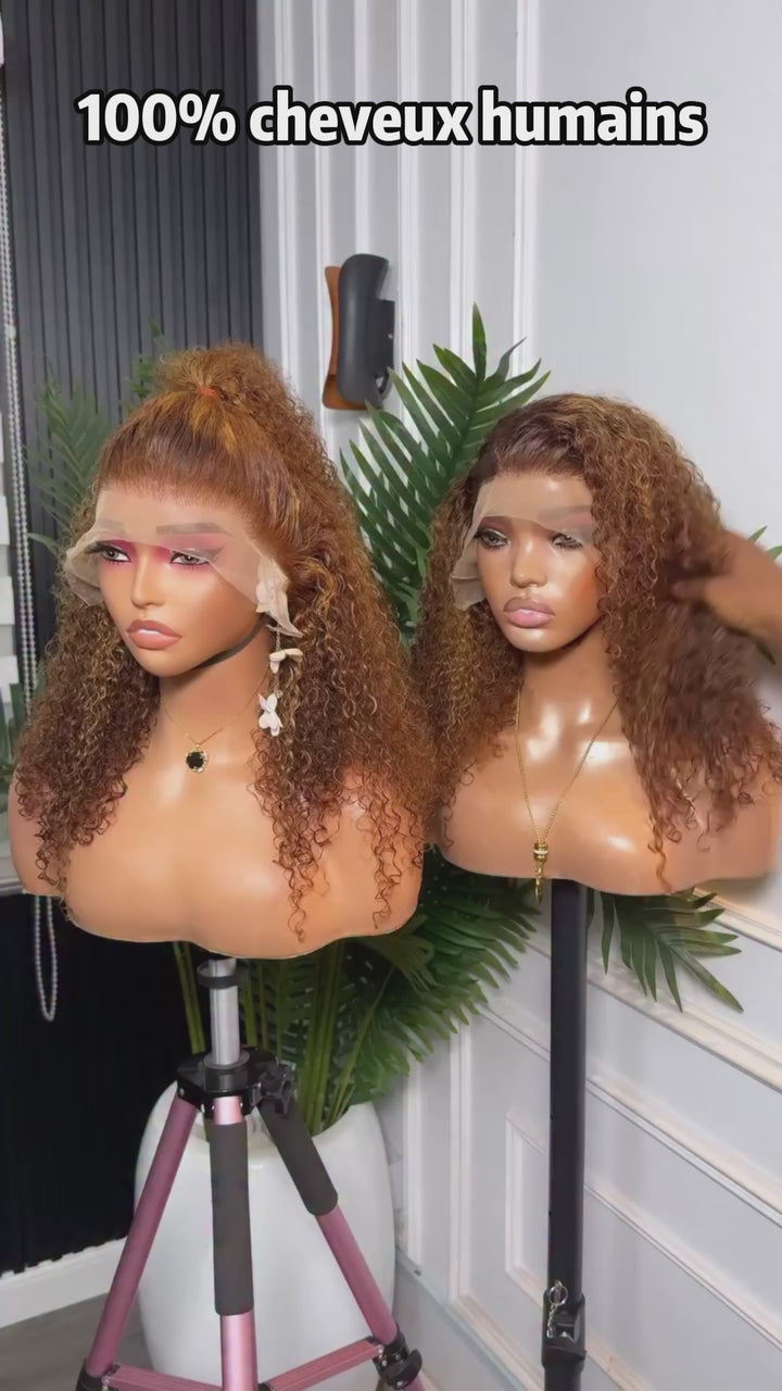 AILUXY Perruque Cheveux Humains Boucles Crépues Ombré Marron Doré En 13x4 Lace Frontal Look à la Mode pour Quotidien & Fête Afro curly