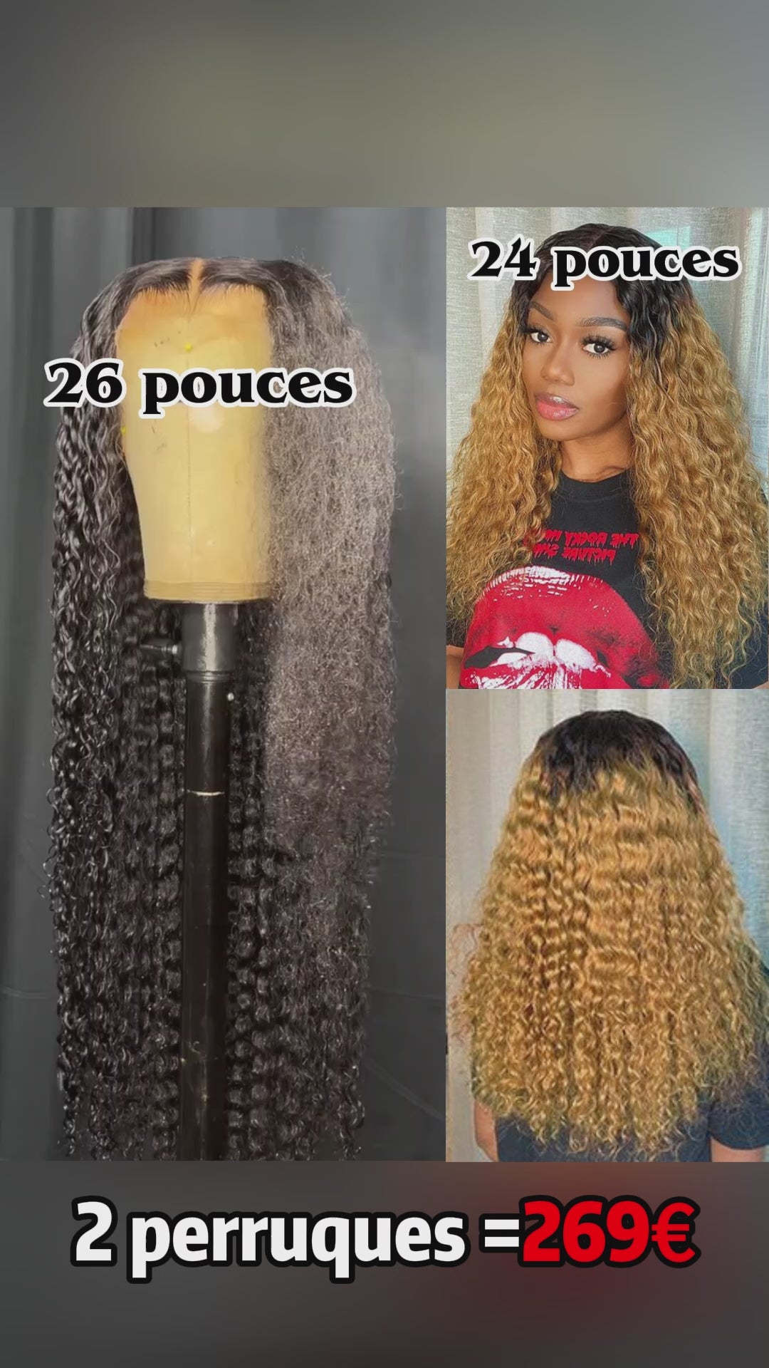 AILUXY | Prix d'usine | 2 Perruques = 269€ | 1 acheté = 1 offert Perruque noir curly 13x4 Lace 26 pouces + Perruque Blended lisse SY 24 pouces curly 1B33# Cadeau |  identique à la photo