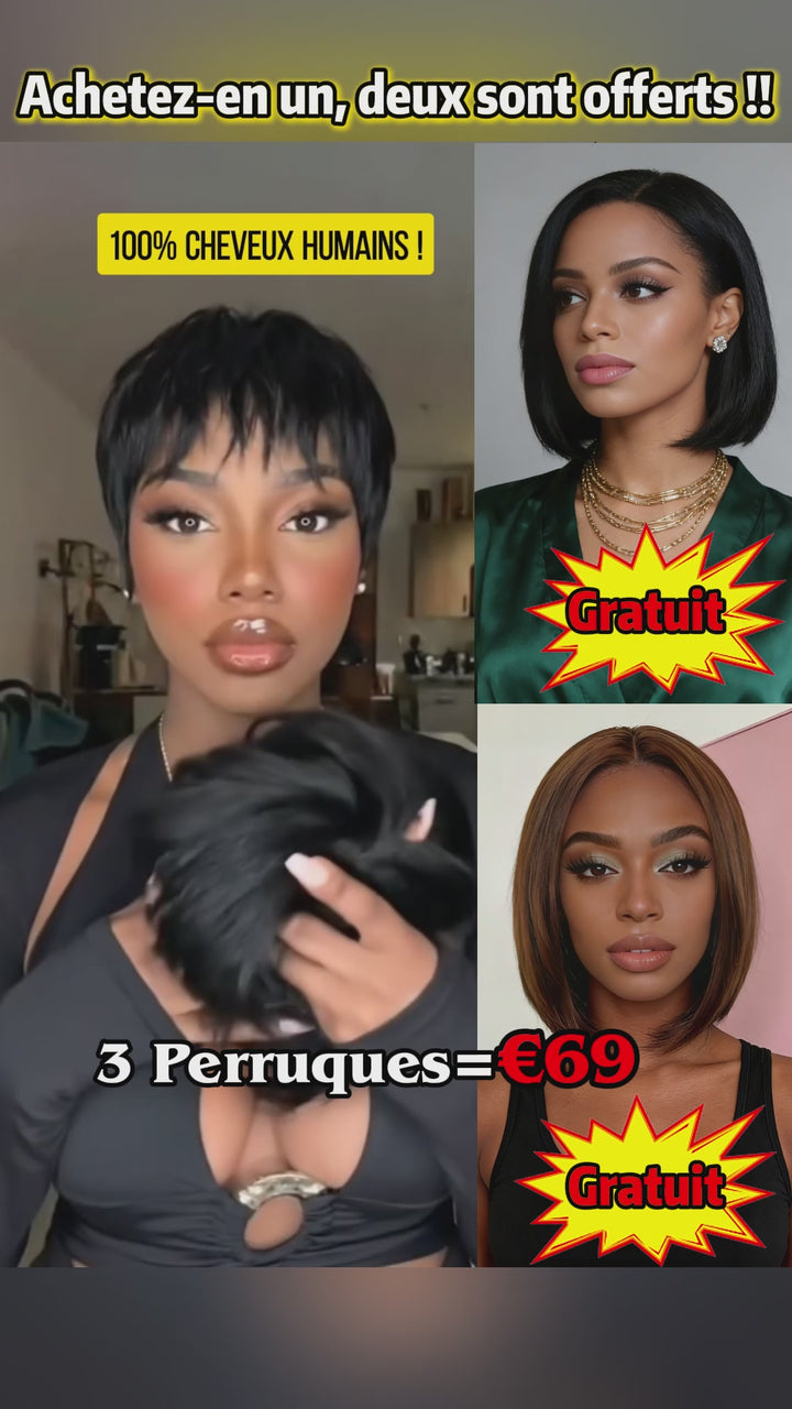 AILUXY 3 Perruques=€69  perruque mécanique sans colle 100% Cheveux Humains Naturels et Perruque  lisse SY bob 10 pouces avec bang et Partie centrale de perruque  SY lisse bob 10 pouces