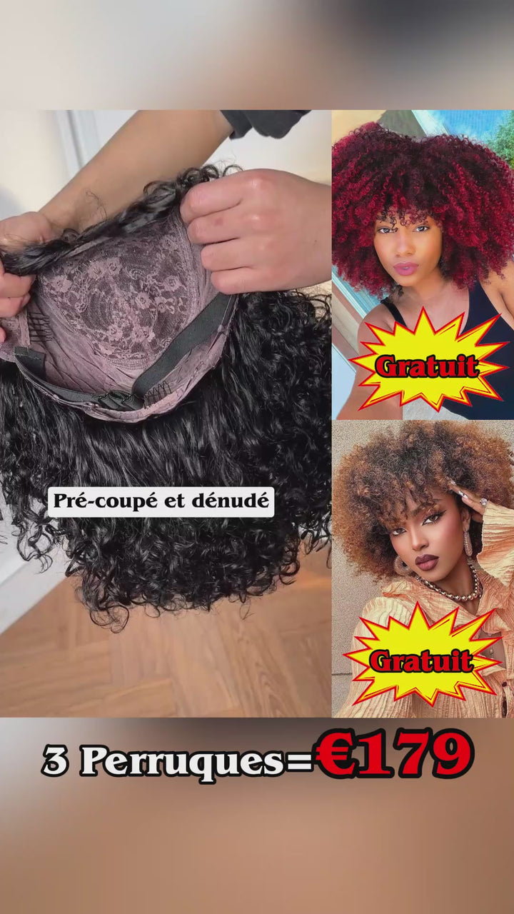 AILUXY Lot de 3 Perruques à 179€ : Perruque Afro Bouclée avec Frange 100% Cheveux Humains + 2 Cadeaux Gratuits | Identique à la Photo