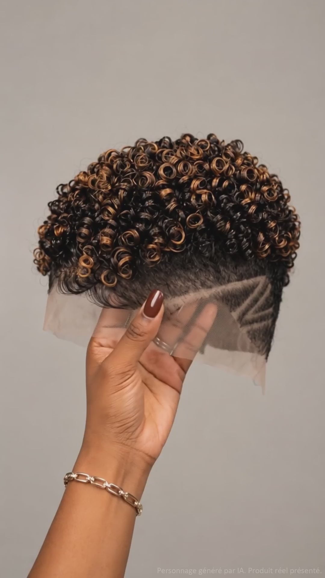 AILUXY Perruque Pixie Cheveux Humains Kinky Curly Courte, Mèches Highlights Caramel, Dentelle Full Lace, Boucles Serres Naturelles pour Femme Noire
