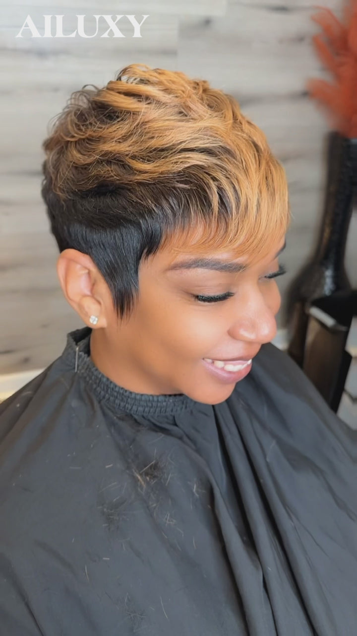 AILUXY Perruque pixie chioma Promotion Fabriqué à la Machine couleur 1B27# en 100% Cheveux Humains