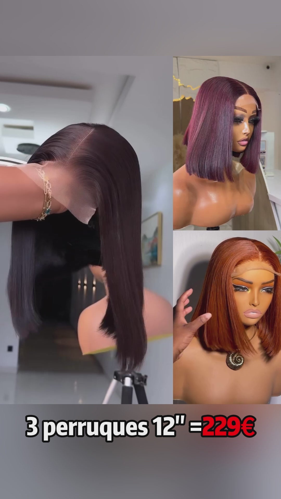 AILUXY 3 Perruques = €229 | Perruque Bob Lace Front 12 Pouces Lot de 3 Perruques Blended Lisses Multicolores