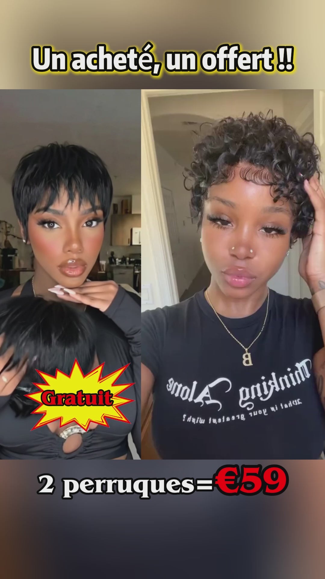 AILUXY 2 Perruques = €59 | Perruques Courtes Pixie + Bouclées Topper Cheveux pour Femme Noire, 100% Cheveux Humains Naturels,Gratuit