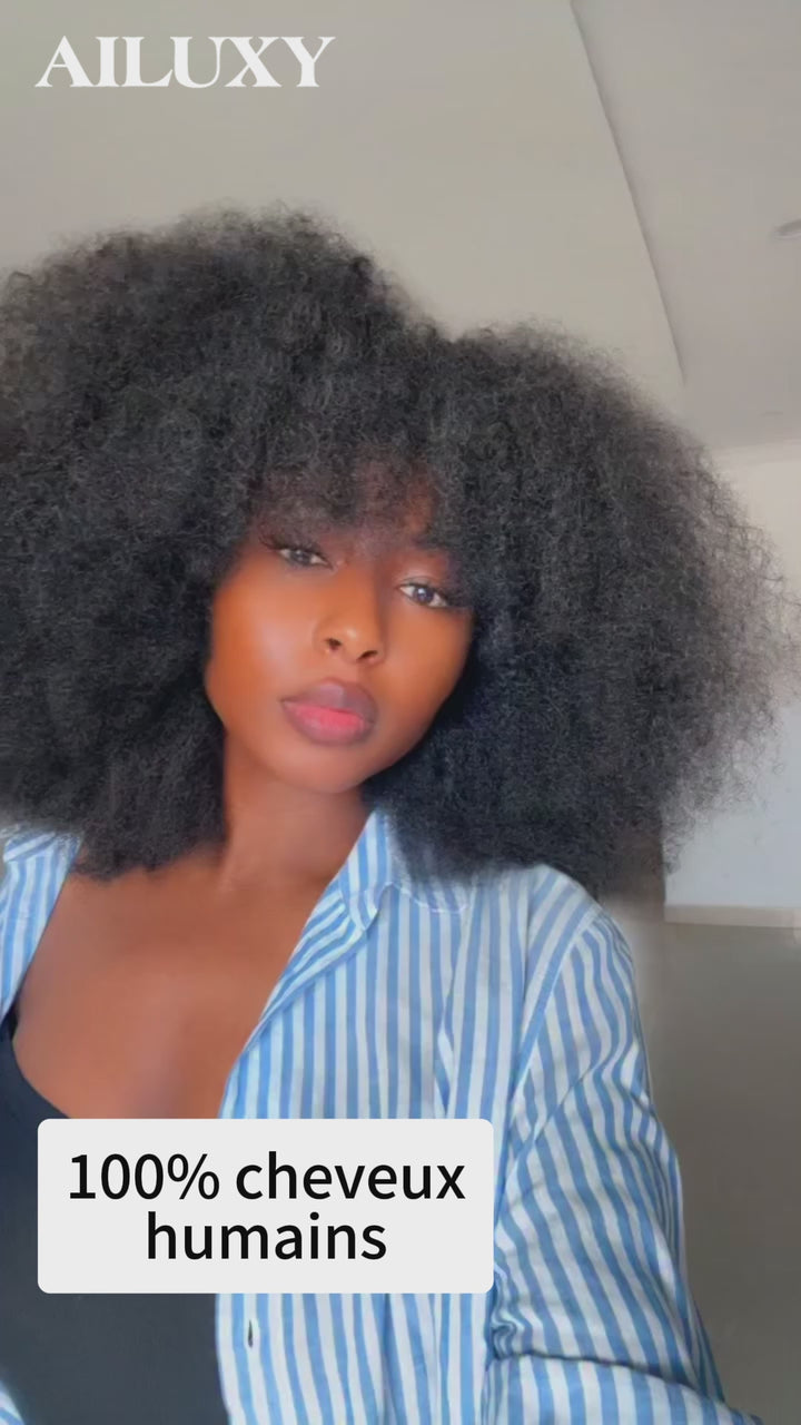 AILUXY Perruque Bob Afro Curly Avec Frange 100% Cheveux Humains Densité 300% Sans Colle