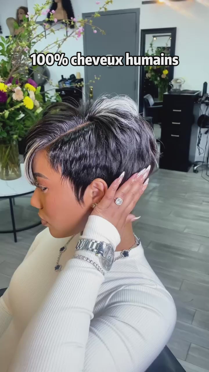 AILUXY Perruque Courte Pixie avec Mèche Blonde, Style Élégant et Naturel