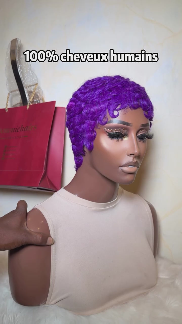 AILUXY Perruque Courte Bouclée Violette Pixie Cut