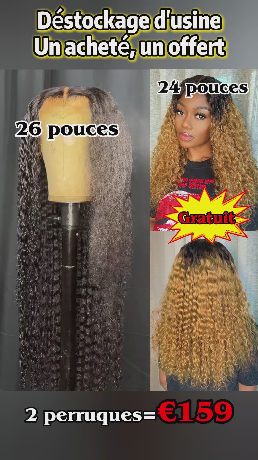 AILUXY | Prix d'usine | 2 Perruques = 169€ | 1 acheté = 1 offert Perruque noir curly 13x4 Lace 26 pouces + Perruque Blended lisse SY 24 pouces curly 1B33# Cadeau |  identique à la photo