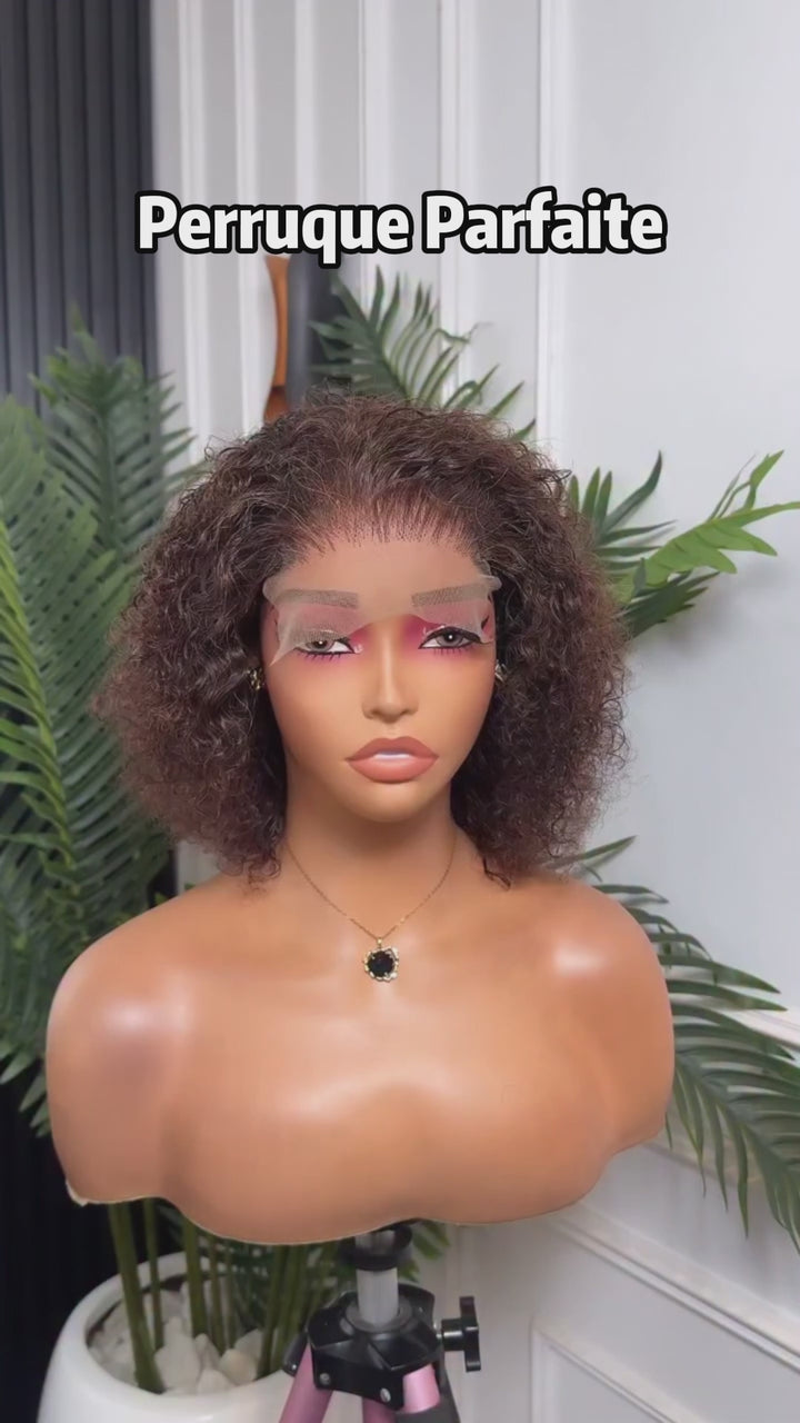 AILUXY Perruque Courte Bouclée Afro Kinky Lace Front Brun Chocolat - Cheveux Humains Naturels