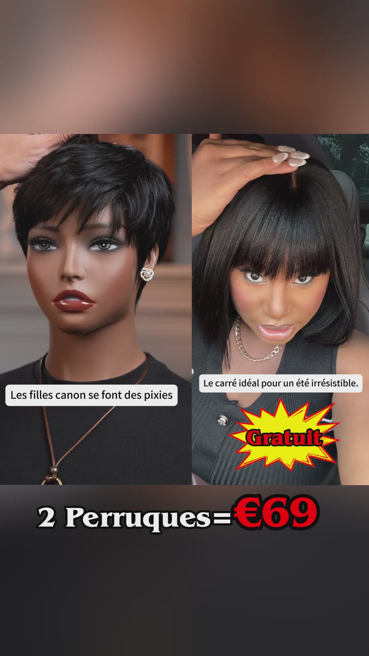 AILUXY 2 Perruques = 69€ : Pixie Sans Colle 100% Humains + Bob Lisse 10" Blended Cadeau Offert | Identique à la Photo