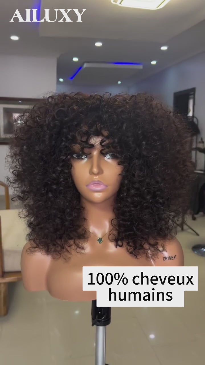 AILUXY Perruque Bob Curly Avec Frange Sans Colle 100% Cheveux Humains