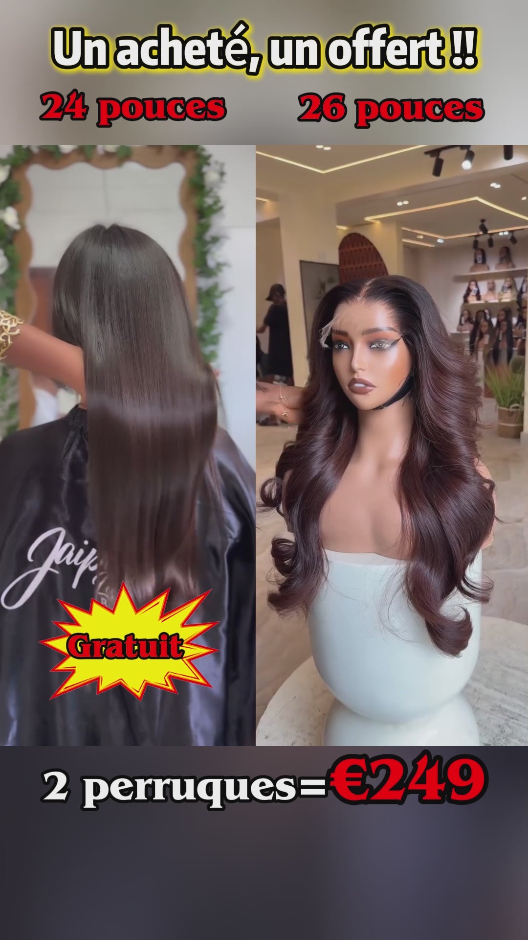 AILUXY Prix d'usine | 2 Perruques = 249€ | 1 acheté = 1 offert Perruque Body wave Lace 2# brun 26 pouces + Perruque lisse SY 24 pouces brun Blended Cadeau |  identique à la photo