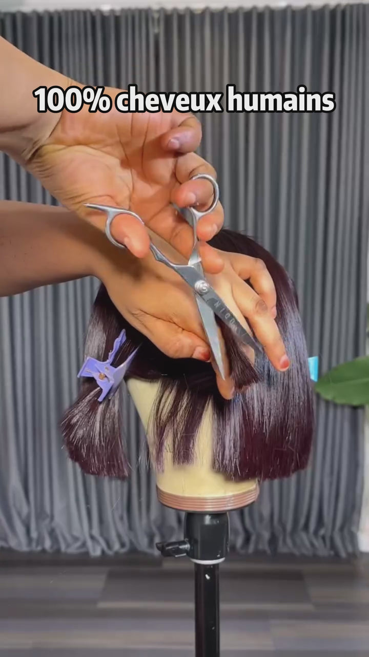 AILUXY Perruque Bob Court Rouge Vin 100% Cheveux Humains | Coupe Bombée, Effet Naturel