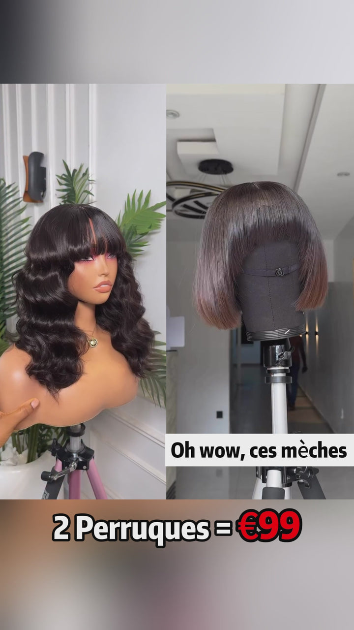 AILUXY 2 Perruques = €99 | Frange Invisible Body Wave + Bob Ombré avec Frange - Style Naturel & Rapide à Porter