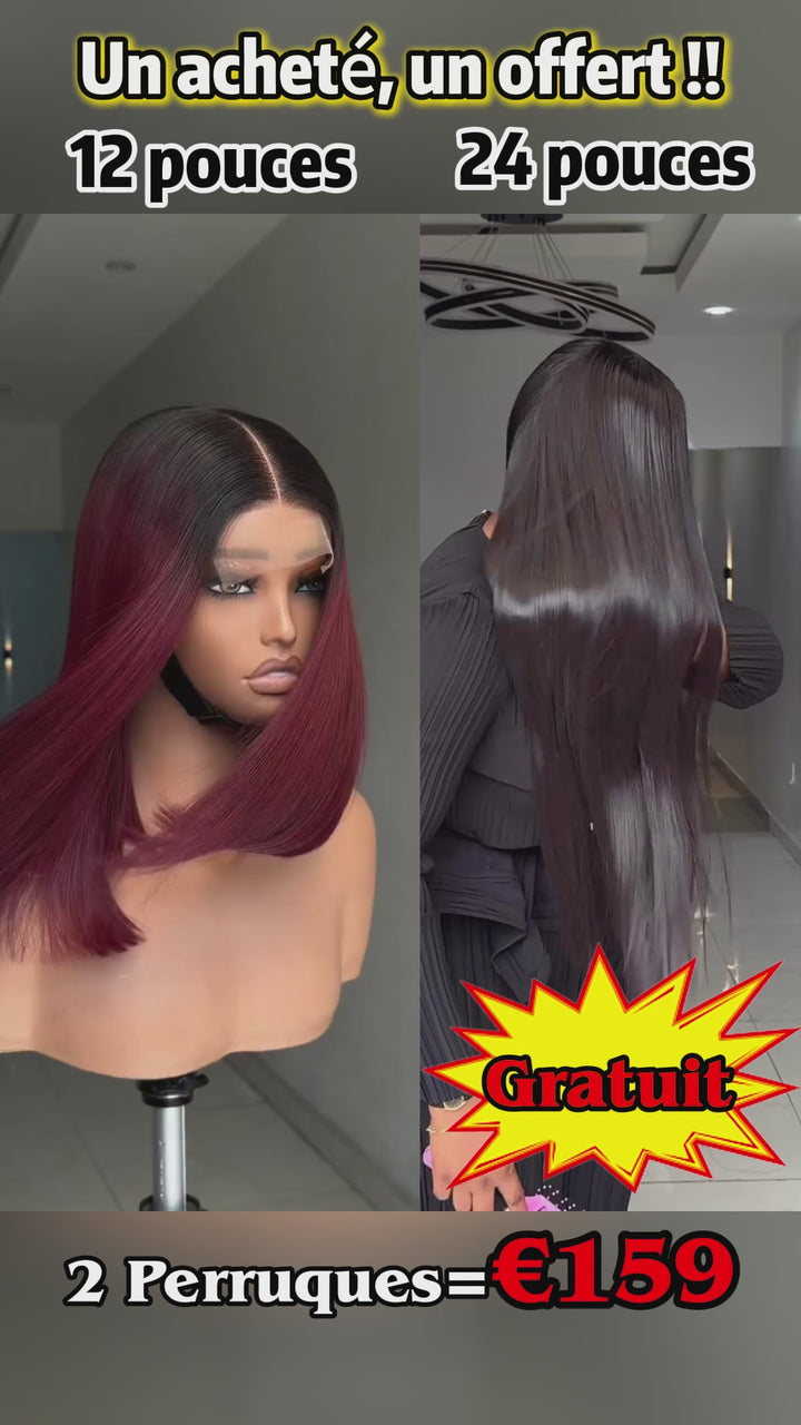 AILUXY Prix d'usine | 2 Perruques = 159€ | 1 acheté = 1 offert Perruque lisse Lace 1B99J# dégradé rouge vin 12 pouces + Perruque lisse SY 24 pouces Blended Cadeau |  identique à la photo