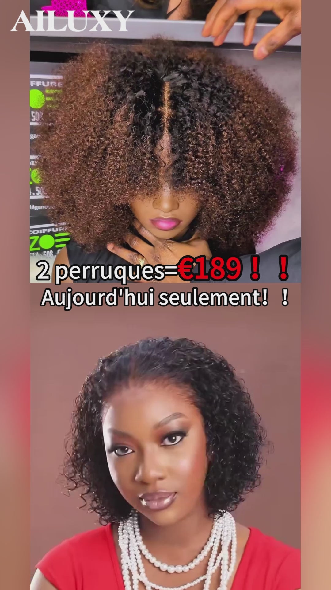 AILUXY 2 Perruques=€189 afro Curly 300%dedensite 2x6 lace et 13x4 Lace Frontal Perruque en 100% Cheveux Humains