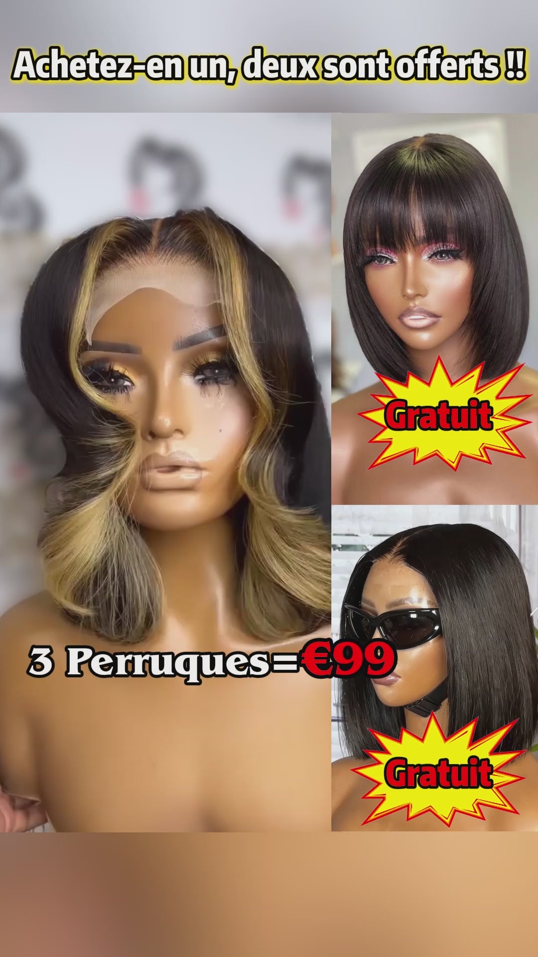 AILUXY 3 Perruques=€99  Perruque bob en Dentelle Couleur Mèches 100% Cheveux Humains Naturels et Perruque  lisse SY bob 10 pouces avec bang et Partie centrale de perruque  SY lisse bob 10 pouces