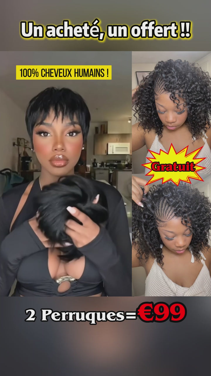 AILUXY 2 Perruques = €99 : Perruque Pixie Courte 100% Cheveux Humains + Perruque Curly Tressée 100% Cheveux Humains (Cadeau) | Identique à la Photo