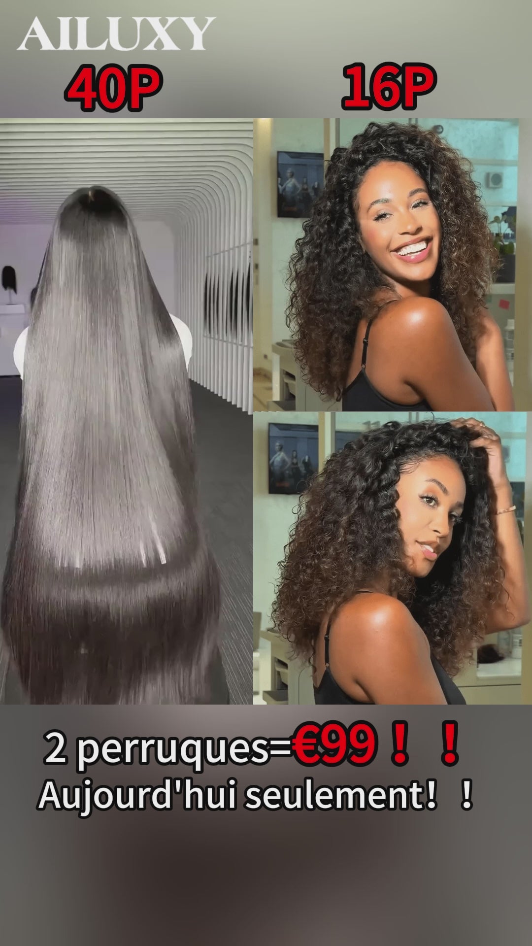 AILUXY 2 Perruques=€99 Sans Colle Lisse avec Frange 40 Pouces et 13x4 Lace Frontal Perruque Curly 1bt4 16 Pouces en 100% Cheveux Humains