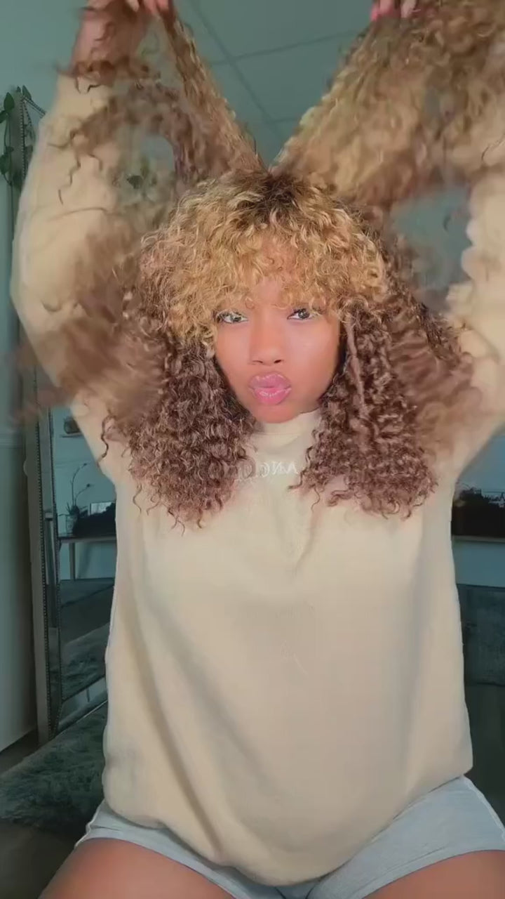 AILUXY Perruque Bouclée Machine-Made Ombré Miel - Entretien Facile, Cheveux Humains