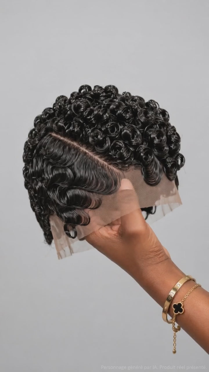 AILUXY Perruque Full Lace Pixie Water Wave Courte 100% Cheveux Humains, Boucles Ressort Définies, Raie Naturelle
