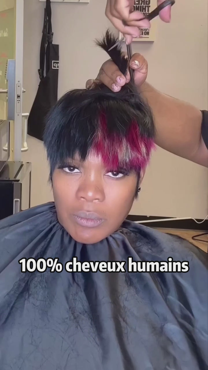 AILUXY Perruque Pixie Courte Noire avec Frange Multicolore Rose et Blonde, Coupe Structurée et Moderne