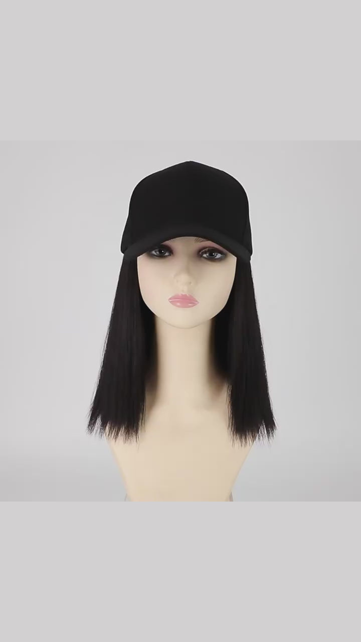 AILUXY Casquette avec Perruque Longue Droite– Noir Naturel / Brun foncé / Brun Clair- Identique à la photo
