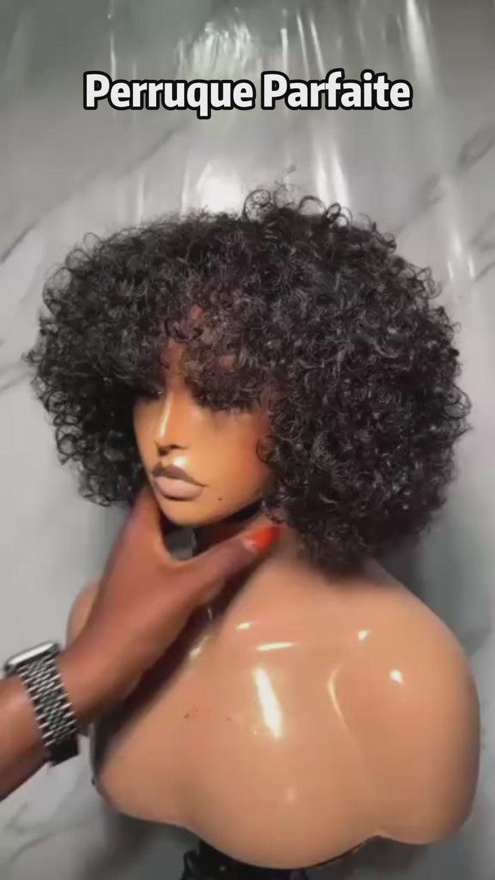 AILUXY Perruque Style Afro à Frange Cache-Front, Texture Crépue Aérée, Brillance Modérée, Coiffure Rétro Tendance pour Quotidien
