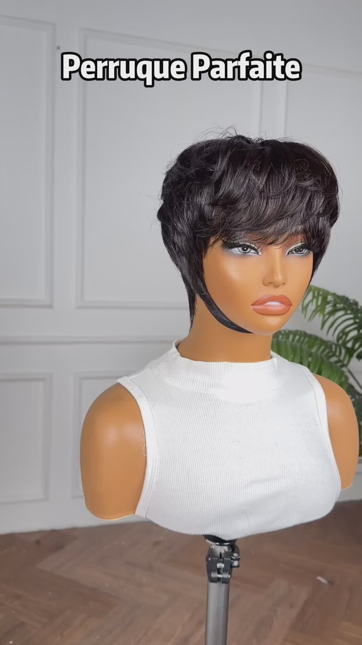 AILUXY Perruque Courte Naturelle Noir - Coupe Pixie avec Frange