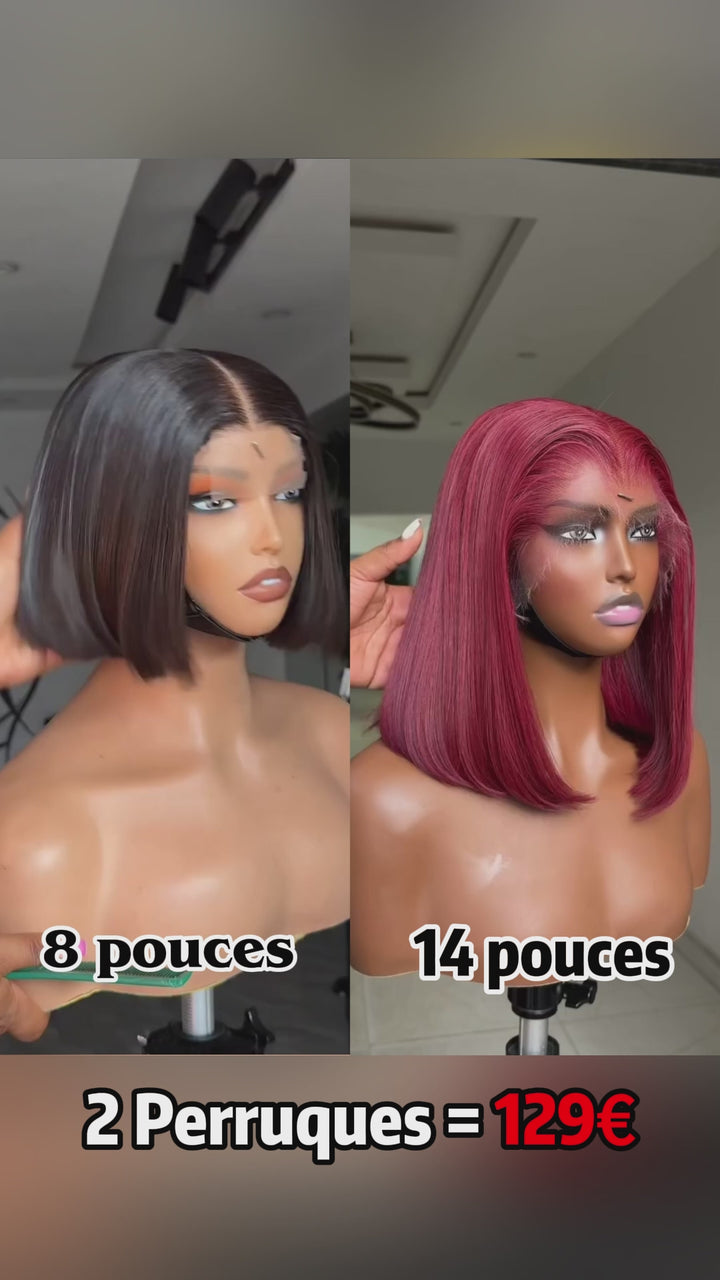 AILUXY 2 Perruques = 129 € : Perruque Lisse  14 pouces 99J Rouge + Perruque Lisse Bob Lace 8 pouces Couleur au hasard – 100% Cheveux Humains
