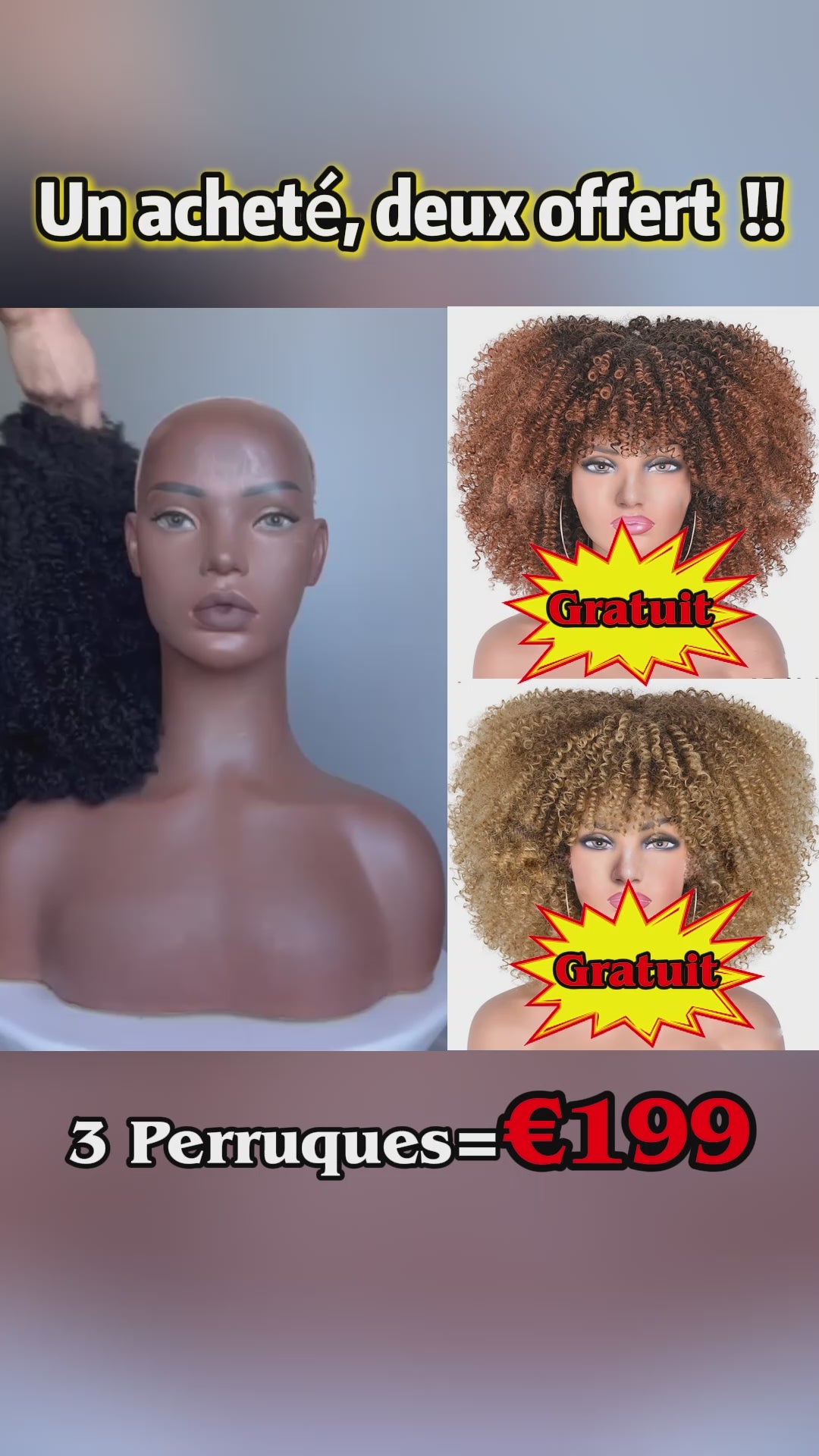 AILUXY 3 Perruques = €199 : Perruque Curly Afro 100% Cheveux Humains Naturelle + 2 Perruques Curly Blended Cadeaux | Identique à la Photo
