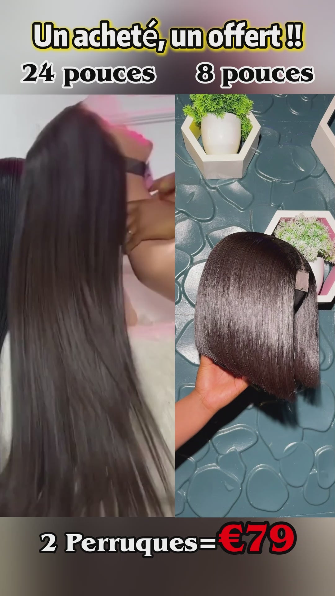 AILUXY 2 Perruques = 79€ : Perruque lisse SY 24 pouces + Perruque lisse Bob 4x4 Lace 8 pouces. Haute qualité