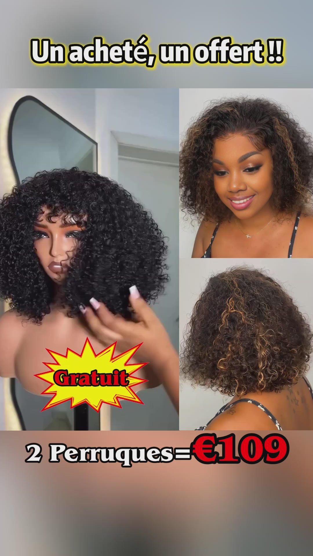 AILUXY 2 Perruques = €109 : Perruque Lace Front Curly Bob 100% Cheveux Humains Naturelle + Perruque Curly Sans Colle Blended Cadeau | Identique à la Photo