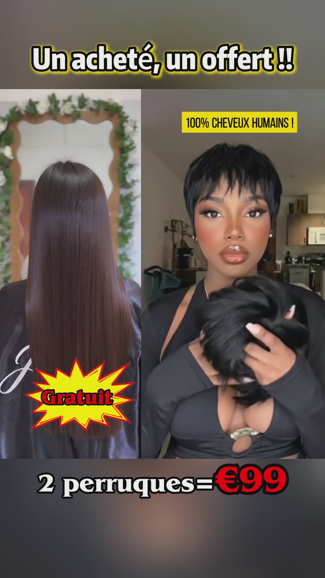 AILUXY 2 Perruques = €99 : Perruque Pixie Courte 100% Cheveux Humains + Perruque Lisse 24” Longue Blended (Cadeau) | Identique à la Photo