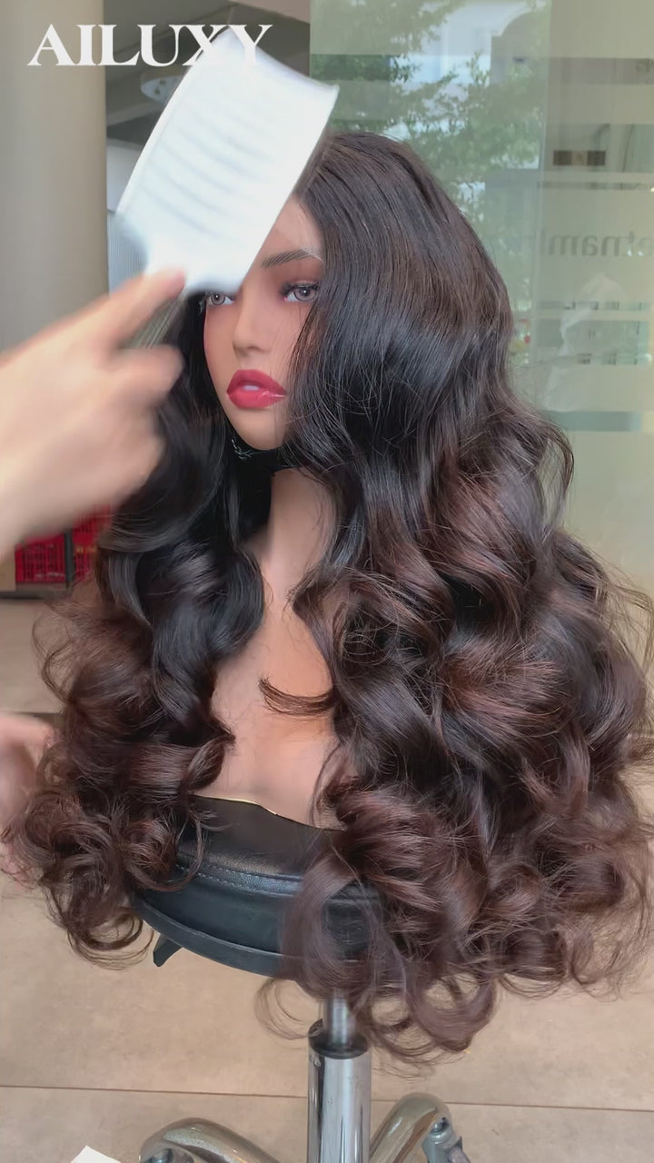 AILUXY Perruque Lace Front 13x4 – Cheveux Humains Ondulés Chocolat, Pose Facile et Confortable