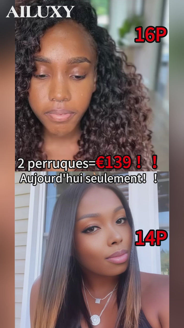 AILUXY 2 Perruques=€139 4x4 lace lisse perruque et 13x4 Lace Frontal 1bt4 curly Perruque en 100% Cheveux Humains