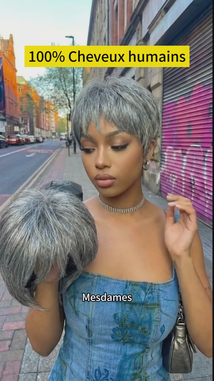 AILUXY Perruque Grise Coupe Pixie Sans Colle - Prête à Porter pour un Style Élégant
