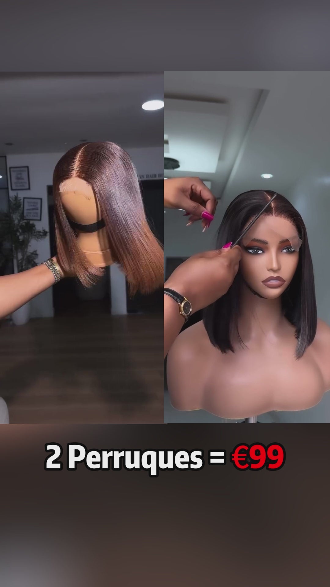 AILUXY 2 Perruques = €99 | 100% Cheveux Humains Lisse Ombré Marron + Cheveux Blended Bob Noir Lisse