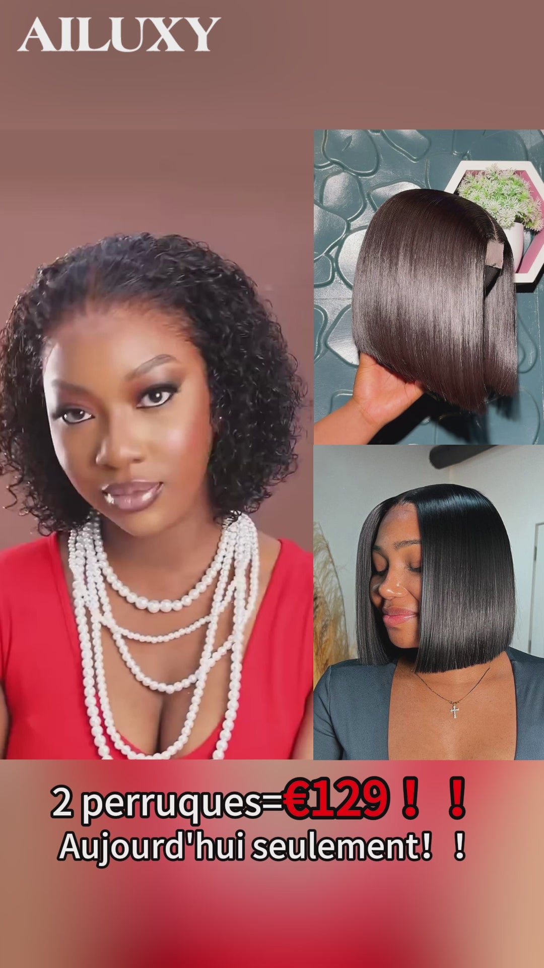 AILUXY 2 Perruques=€129 2x6 Lace Closure Perruque Lisse Bob perruque et 13x4 Lace Frontal Perruque en 100% Cheveux Humains