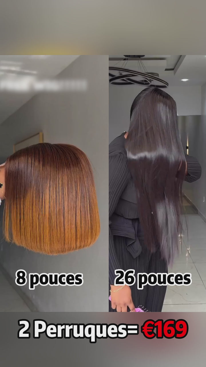 AILUXY 2 Perruques= €169 : Perruque Lisse  26 pouces + Perruque Lisse Couleur Bob Lace 8 pouces – 100% Cheveux Humains