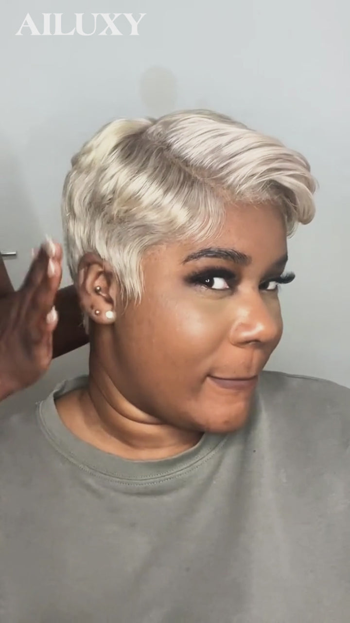 AILUXY Perruque 13x4 Lace Front Naturelle, Cheveux Humains Courts et Doux, Couleur Blond Cendré