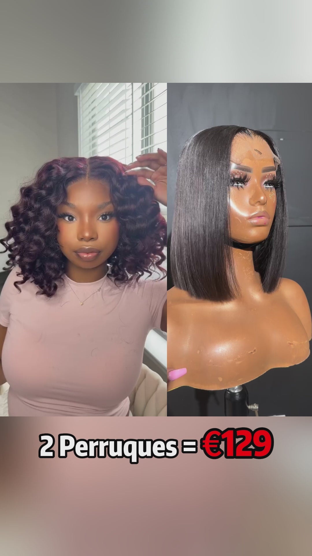AILUXY 2 Perruques = €129 | 100% Cheveux Humains Bouclé Bordeaux + Cheveux Blended Bob Noir Lisse