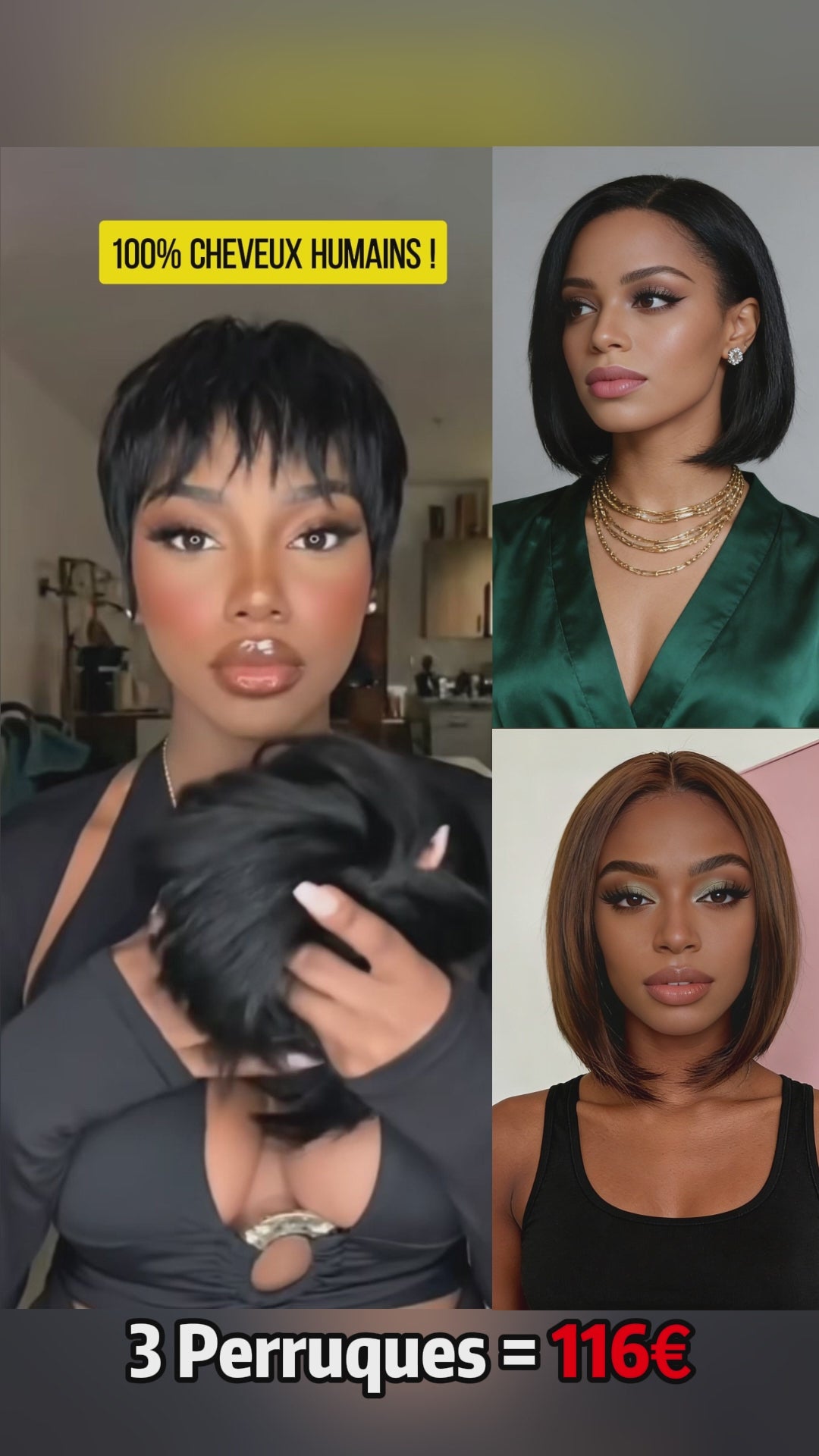 AILUXY 3 Perruques=€116 perruque Pixie sans colle Naturels + 2 Perruques  lisse bob 10 pouces Blended Cadeau | Identique à la photo
